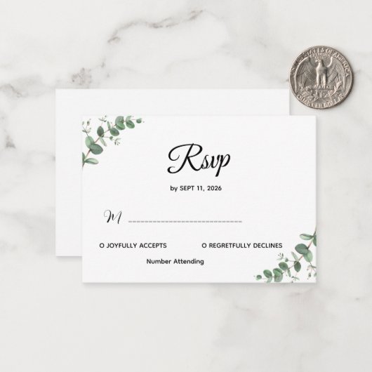 Simple Modern Eucalyptus Greenery Wedding RSVP Car Notitiekaartje (Voorkant / Achterkant in situ)