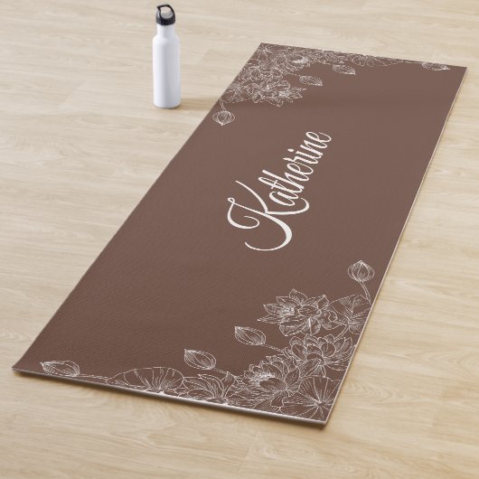 Simple Modern Floral Script Name Brown Lotus  Yogamat (In situ)