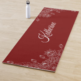 Simple Modern Floral Script Name Burgundy Lotus  Yogamat