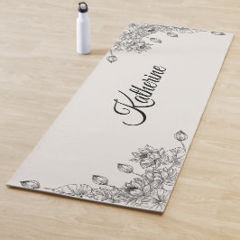 Simple Modern Floral Script Name Cream Lotus  Yogamat