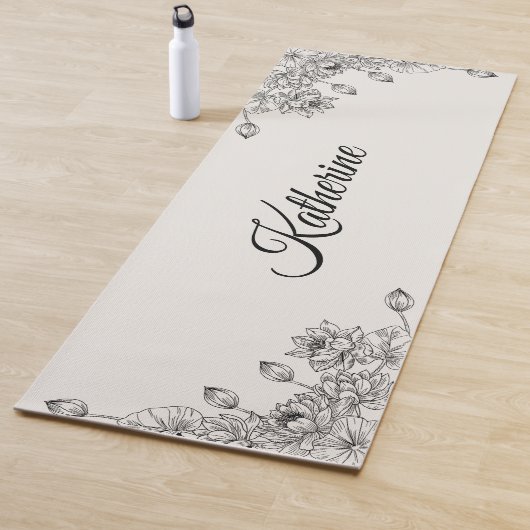Simple Modern Floral Script Name Cream Lotus  Yogamat (In situ)