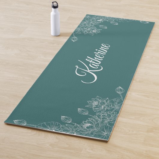 Simple Modern Floral Script Name Jade Green Lotus  Yogamat (In situ)
