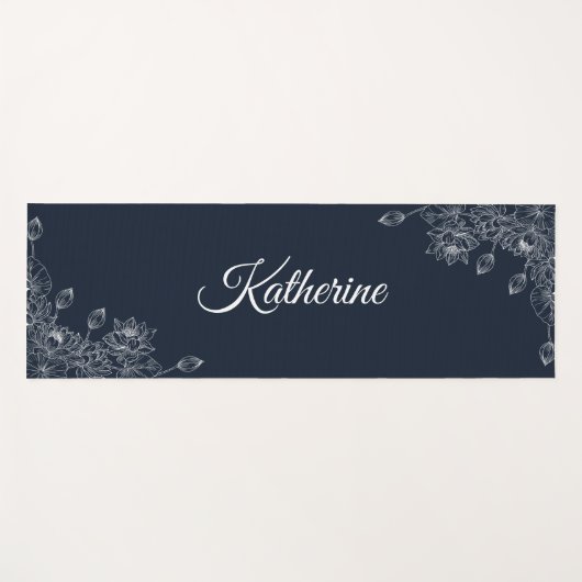 Simple Modern Floral Script Name Navy Blue Lotus Yogamat (Voorkant (horizontaal))
