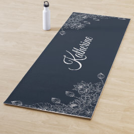 Simple Modern Floral Script Name Navy Blue Lotus  Yogamat