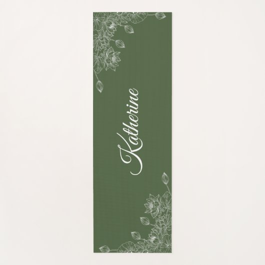 Simple Modern Floral Script Name Olive Green Lotus Yogamat (Voorkant)