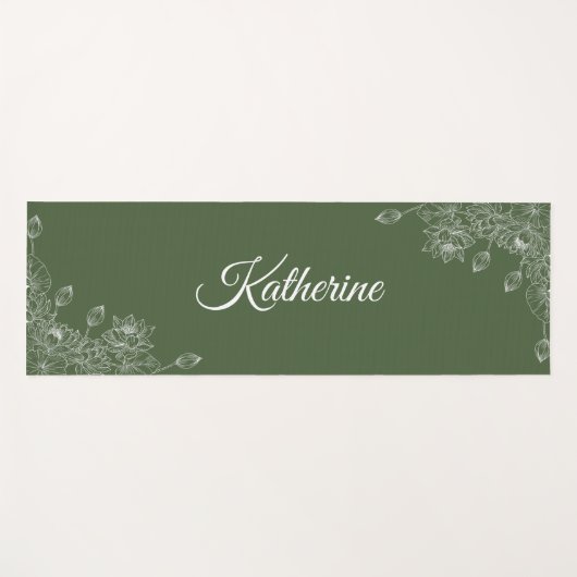 Simple Modern Floral Script Name Olive Green Lotus Yogamat (Voorkant (horizontaal))