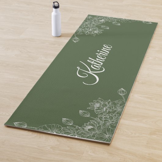 Simple Modern Floral Script Name Olive Green Lotus Yogamat (In situ)