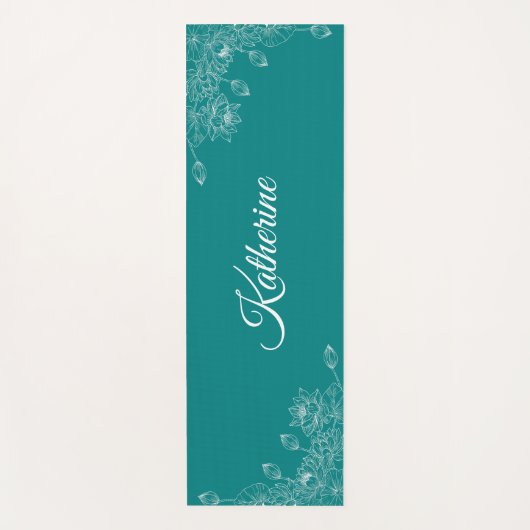 Simple Modern Floral Script Name Teal Lotus Yogamat (Voorkant)
