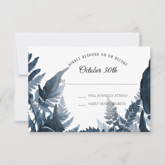Simple Modern Forest Fern Blue en White RSVP Kaart (Voorkant)