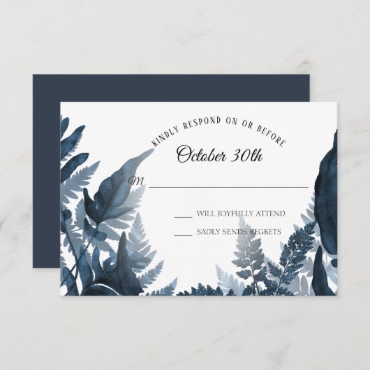 Simple Modern Forest Fern Blue en White RSVP Kaart (Voorkant / Achterkant)