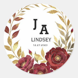 Simple Modern Gold Burgundy Wedding Classic Round Ronde Sticker
