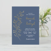 Simple Modern Gold Leaf Blue Wedding Kaart (Staand voorkant)