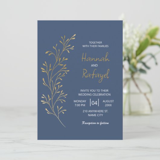 Simple Modern Gold Leaf Blue Wedding Kaart (Staand voorkant)