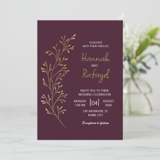 Simple Modern Gold Leaf Burgundy Wedding Kaart