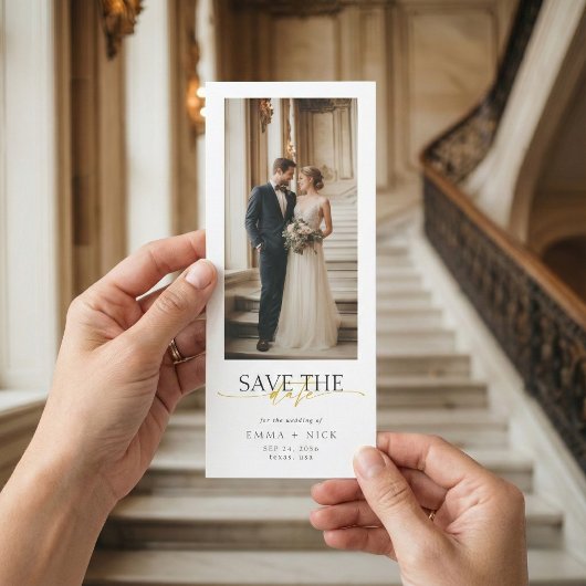 Simple Modern Gold Script Bookmark Photo Wedding Save The Date