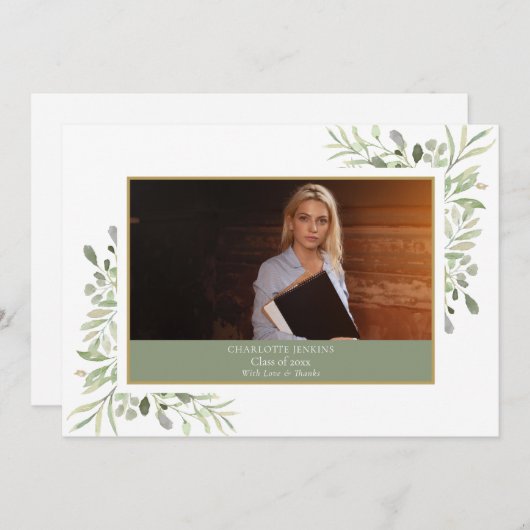 Simple Modern Greenery Afstuderen Foto Bedankkaart (Voorkant / Achterkant)