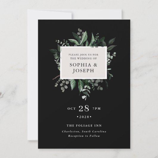 Simple Modern Greenery Black | Uitnodiging tot wed (Voorkant)