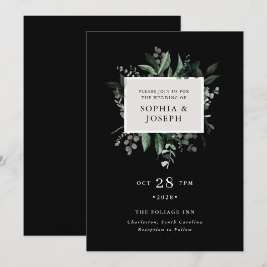 Simple Modern Greenery Black | Uitnodiging tot wed (Voorkant / Achterkant)
