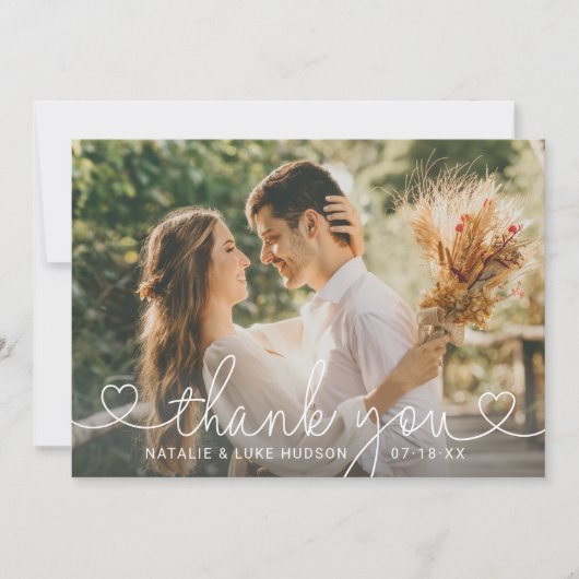 Simple Modern Heart Script Weduwfoto Bedankkaart (Voorkant)
