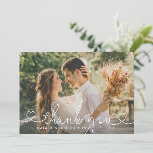Simple Modern Heart Script Weduwfoto Bedankkaart (Staand voorkant)