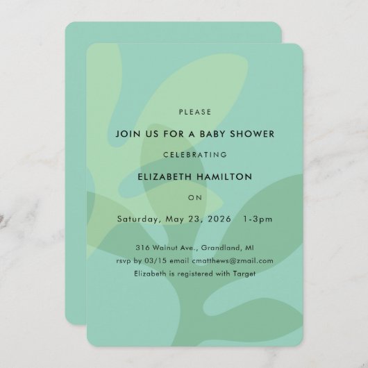 Simple Modern Leaf Design Baby Shower Invitation Kaart (Voorkant / Achterkant)