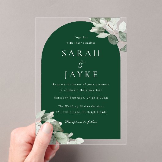 Simple Modern Leaf Emerald Green Wedding Acryl Uitnodigingen (Insitu (Draagbaar))