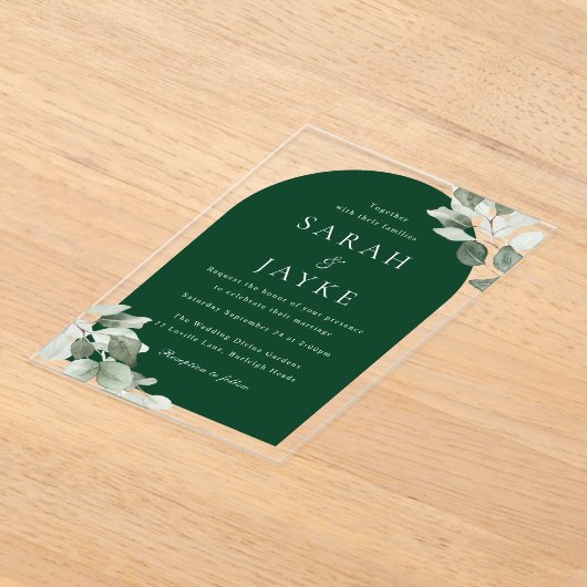 Simple Modern Leaf Emerald Green Wedding Acryl Uitnodigingen (Laagn)