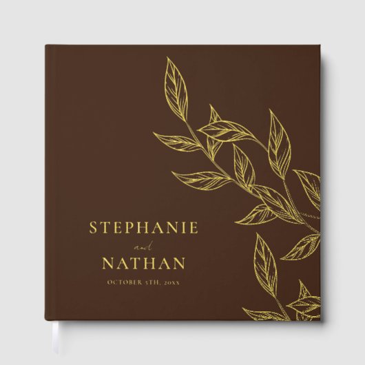 Simple Modern Leaves Dark Brown Wedding Gold Gastenboek (Voorkant)