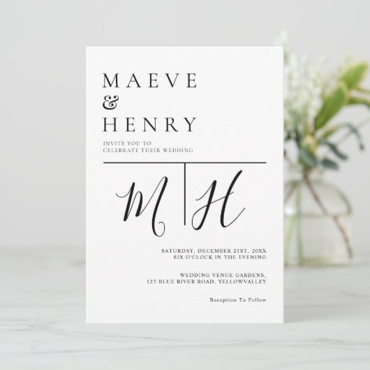 Simple Modern Line Monogram Wedding Kaart (Staand voorkant)