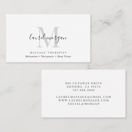 Simple Modern Massage Therapist Script Monogram Visitekaartje (Voorkant / Achterkant)