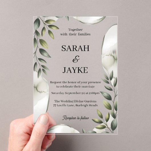Simple Modern Minimal Green Leaf Wedding Acrylic  Acryl Uitnodigingen (Insitu (Draagbaar))