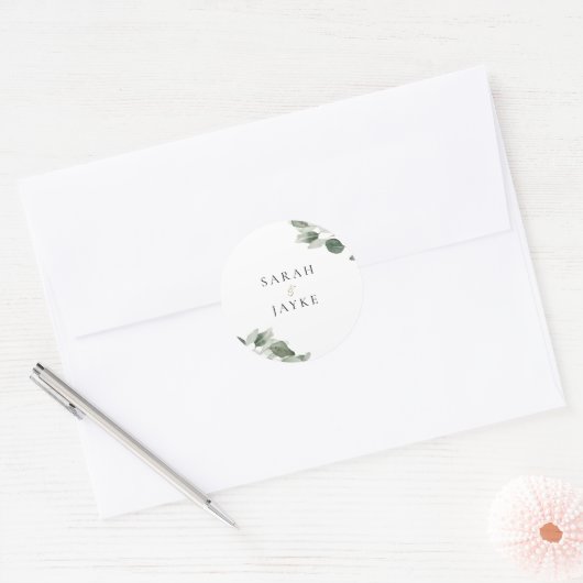 Simple Modern Minimal Green Leaf Wedding Ronde Sticker (Envelop)