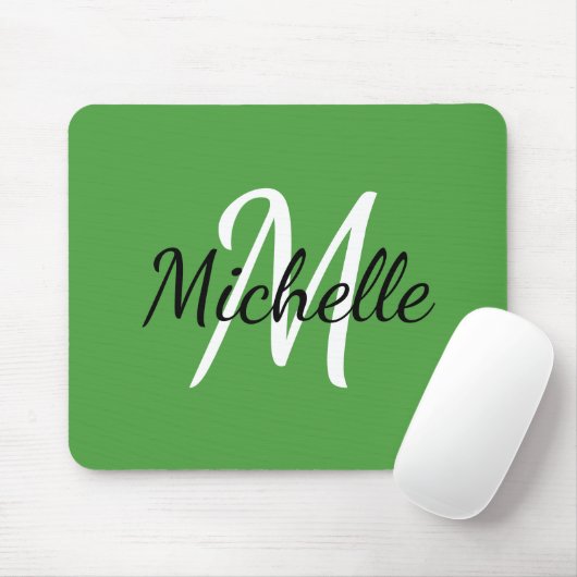 Simple Modern Monogram Initiaal + Naam Groen Wit Muismat (Met muis)