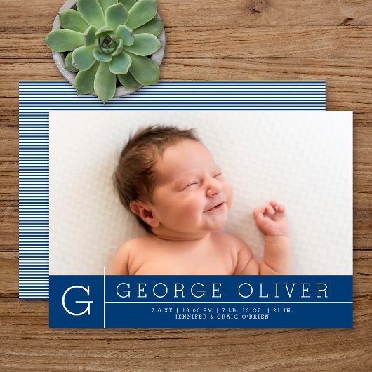 Simple Modern Monogram Navy Blue Photo Birth Aankondiging