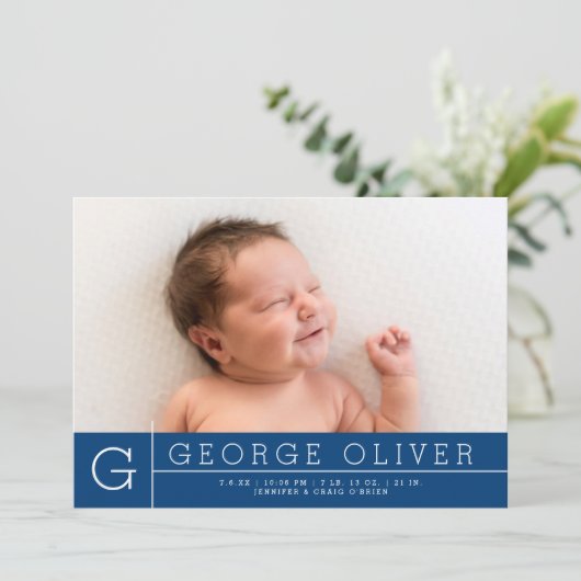 Simple Modern Monogram Navy Blue Photo Birth Aankondiging (Staand voorkant)