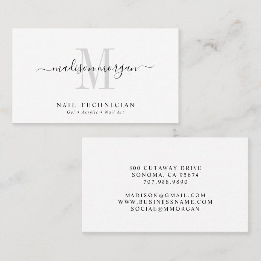 Simple Modern Nail Technician Script Monogram Visitekaartje (Voorkant / Achterkant)