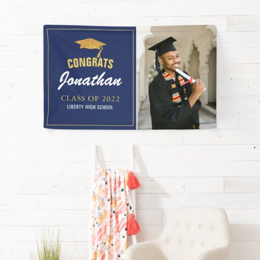 Simple Modern Navy Blue Photo Afstuderen Spandoek (Insitu)