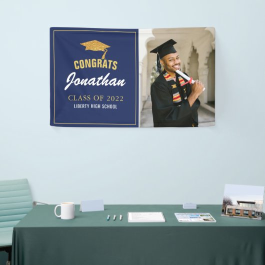 Simple Modern Navy Blue Photo Afstuderen Spandoek (Beurs)