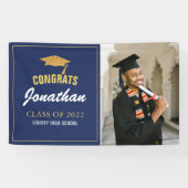 Simple Modern Navy Blue Photo Afstuderen Spandoek (Horizontaal)