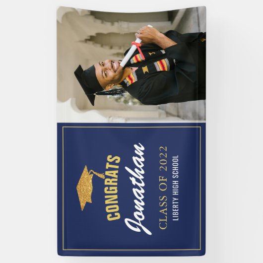 Simple Modern Navy Blue Photo Afstuderen Spandoek (Verticaal)