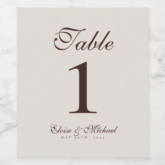 Simple Modern Neutral Brown Wedding Table Number  Wijn Etiket (Enkel label)