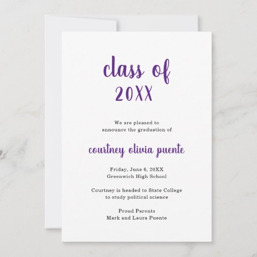 Simple Modern Non-Photo Paars Afstuderen Aankondiging (Voorkant)