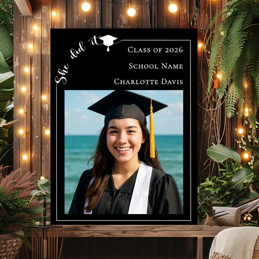 Simple modern photo black Graduation Party welcome Poster