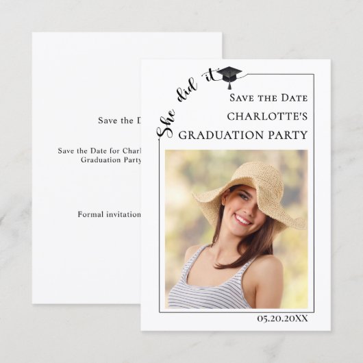 Simple modern photo Graduation party Save the Date (Voorkant / Achterkant)