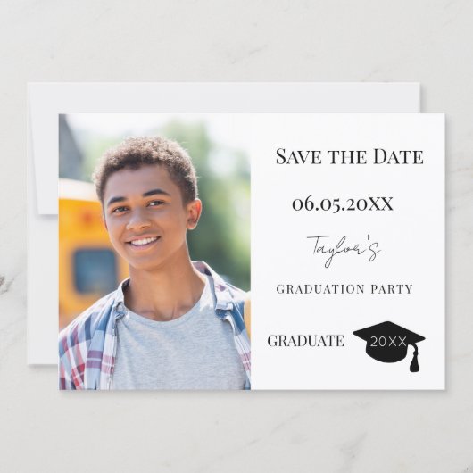 Simple modern photo guy Graduation Save The Date (Voorkant)