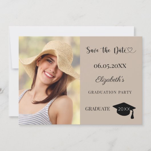 Simple modern photo mocha beige Graduation Save The Date (Voorkant)