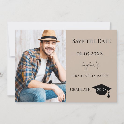 Simple modern photo mocha beige guy Graduation Save The Date (Voorkant)