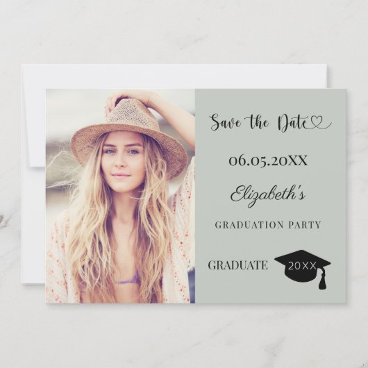 Simple modern photo sage green Graduation Save The Date (Voorkant)
