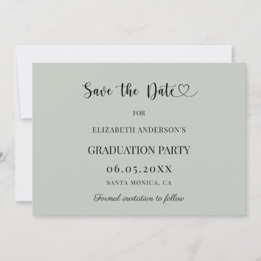 Simple modern photo sage green Graduation Save The Date (Achterkant)