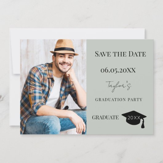 Simple modern photo sage green guy Graduation Save The Date (Voorkant)